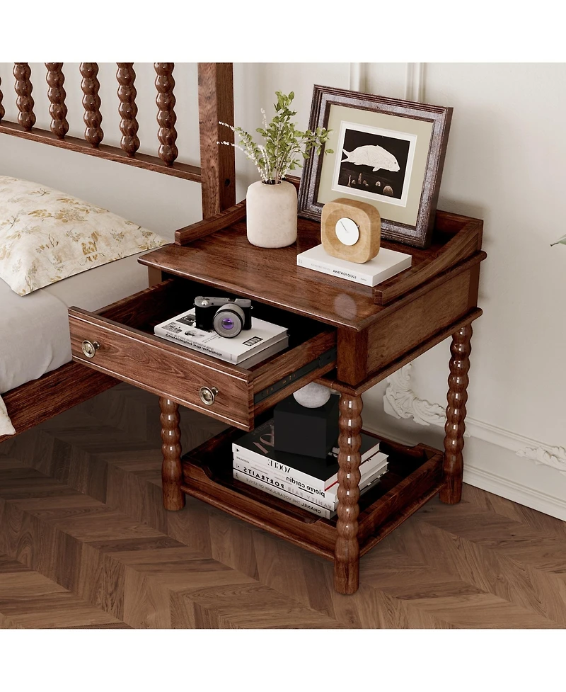 Rainsken Retro Style Nightstand with Drawer and Open Shelf, Wooden Bedside Table with Turned Legs and Metal Handle for Bedroom