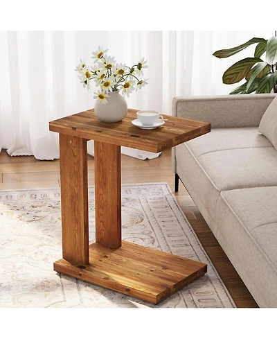Rainsken Solid Wood C-Shaped Nightstand, Minimalist Bedside Table, 2-Tier End Table for Living Room, Bedroom
