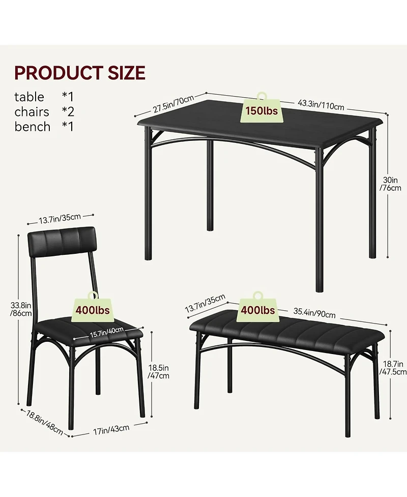 gaomon Dining Table Set for 4, Kitchen Table with Upholstered Bench and 2 Chairs, Kitchen Table and Chairs Set, for Small Space, Apartment