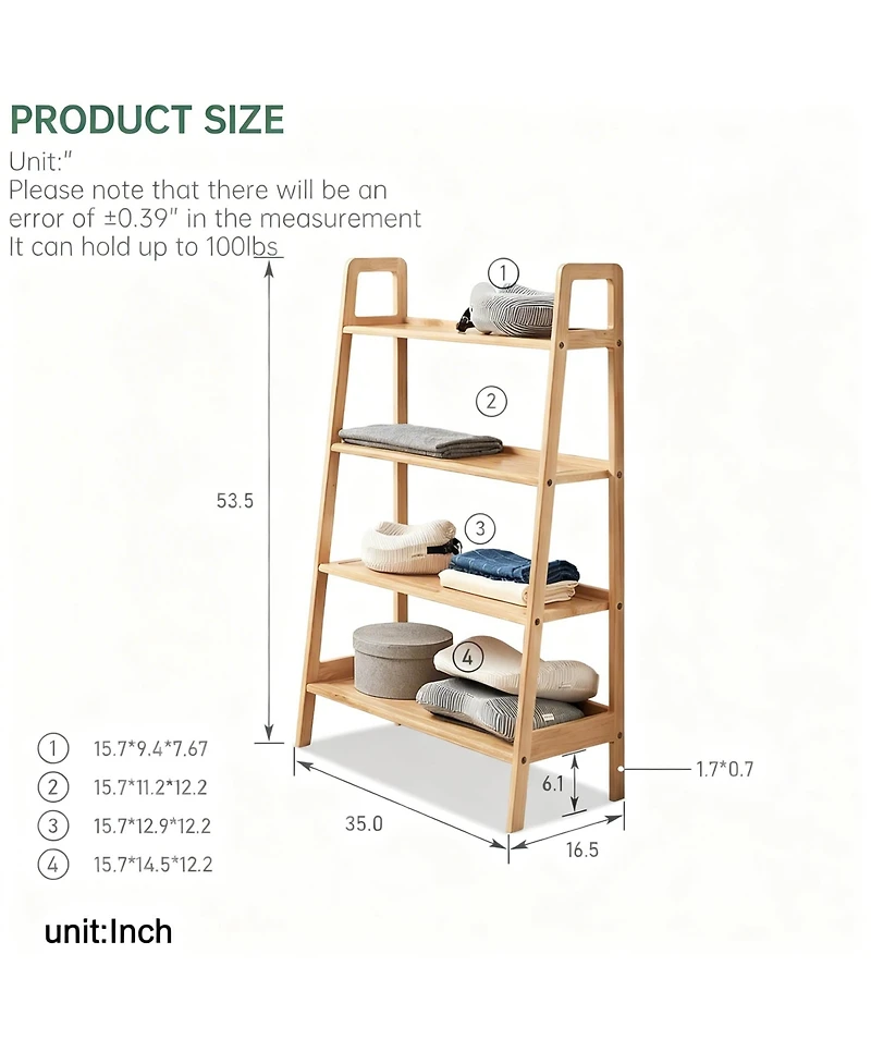 Yigii Solid Oak 4 Tier Ladder Shelf Small Bookcase Stable Frame Living Room Bedroom