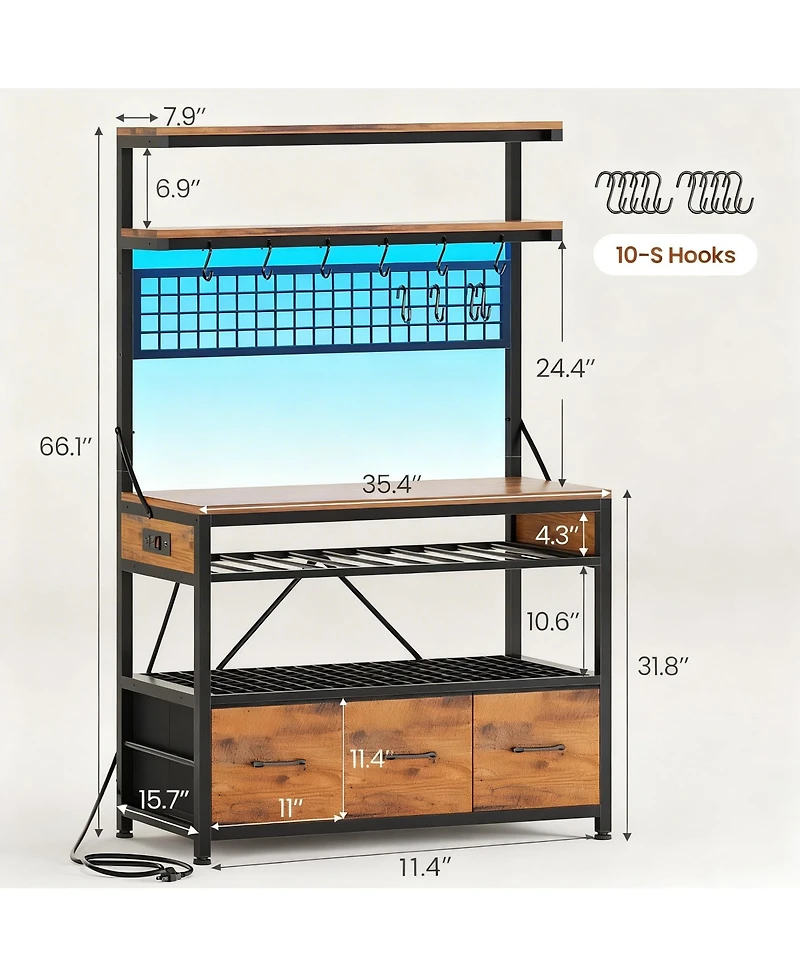 Yigii Large shelve with Storage Drawers Microwave Stand Power Outlet Led Lights