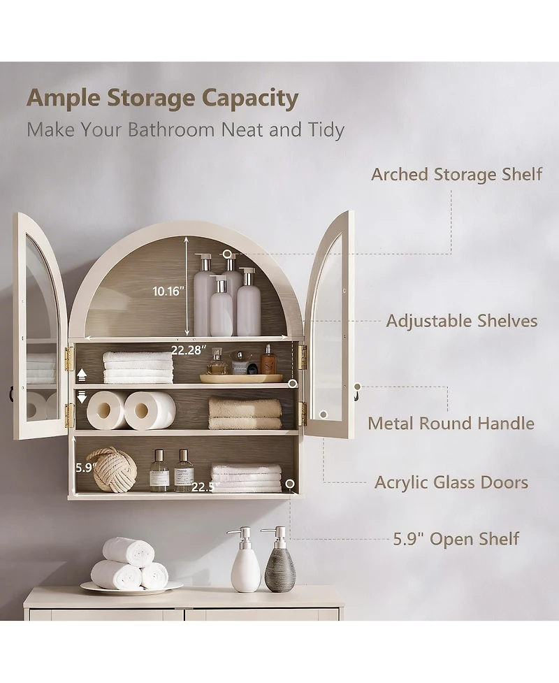 Yigii Arched Wall Cabinet Wide Adjustable Shelves Glass Doors Over Toilet Storage