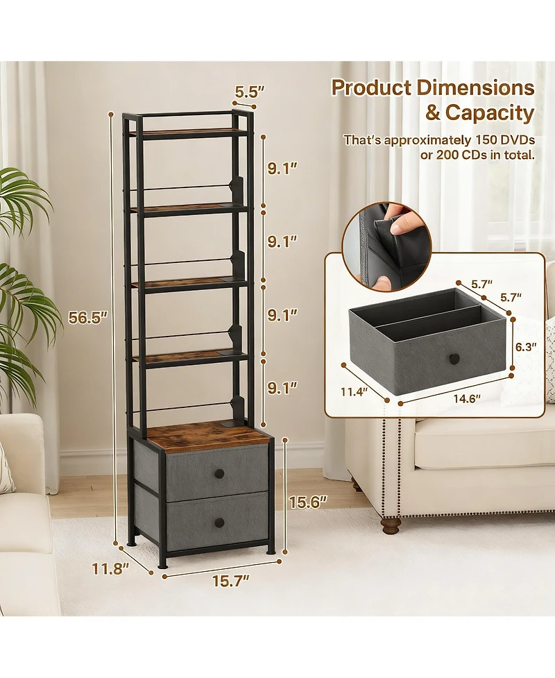 Yigii 5-Tier Organizer Shelf Adjustable Book Stoppers Fabric Drawers Living Room Office