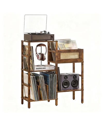 Yigii Record Player Stand Vintage Wood Rattan Media Table Display Shelf
