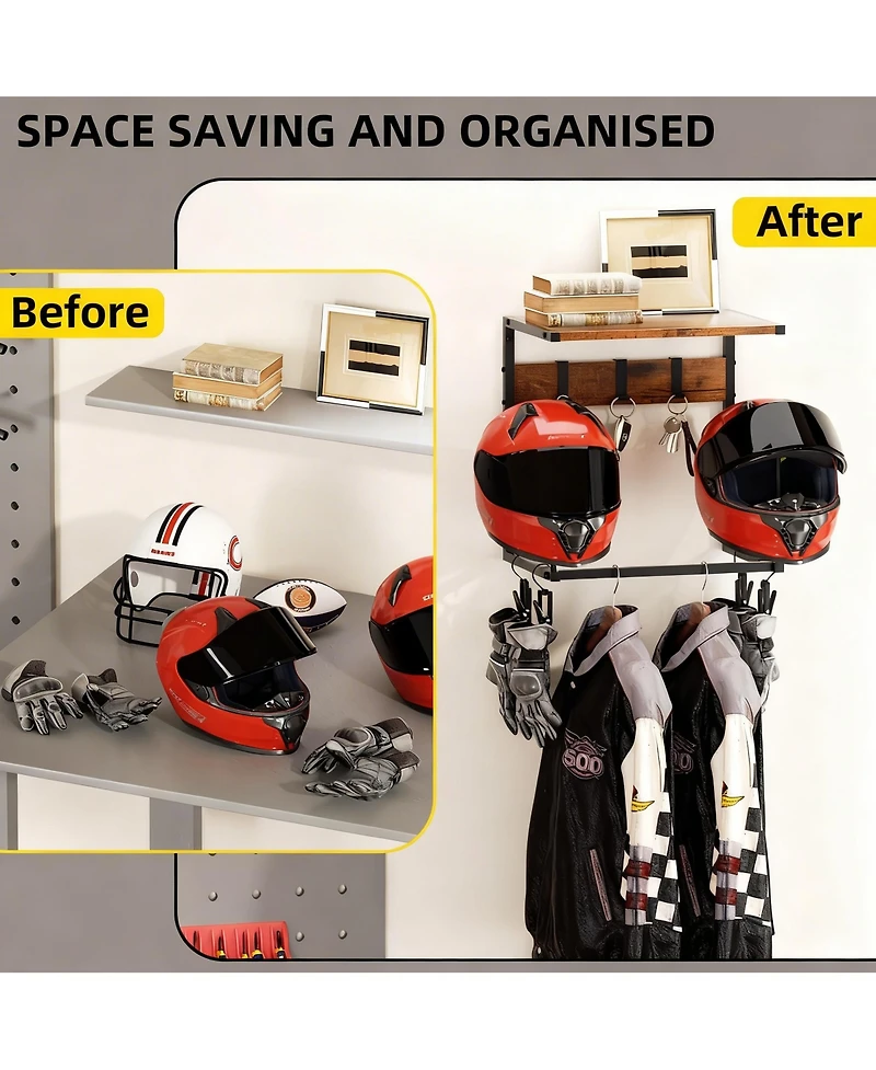 Yigii Helmet Wall Mount shelf Hat Stand Display Gear Storage Organizer Metal Wood