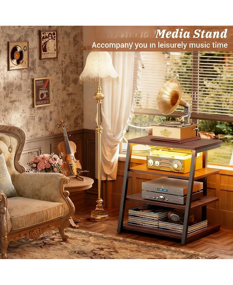 Yigii Av Media Stand with Led Lights Adjustable Shelves Audio Tower