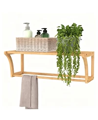 Yigii Bamboo Wall Shelf With Towel Bar Ventilated Storage Rack