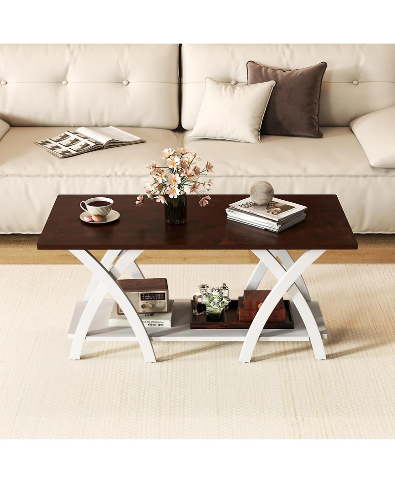 Sugift 40 Inch Farmhouse Wooden 2-Tier Coffee Table with Storage Shelf for Living Room