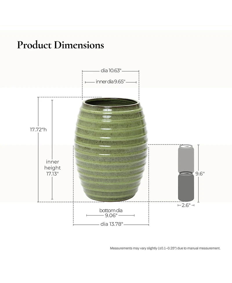 LuxenHome 17.7" Tall Ceramic Planter Pot for Indoor Outdoor Plants with Ribbed Texture, Large Garden Plant Pots with Drainage Hole, Green