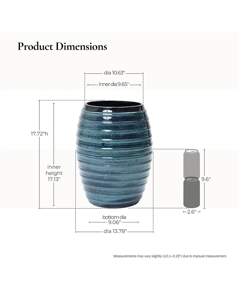 LuxenHome 17.7" Tall Ceramic Planter Pot for Indoor Outdoor Plants with Ribbed Texture, Large Garden Plant Pots with Drainage Hole, Blue