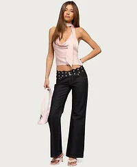 Edikted Women's Scalloped Grommet Low Rise Bootcut Jeans