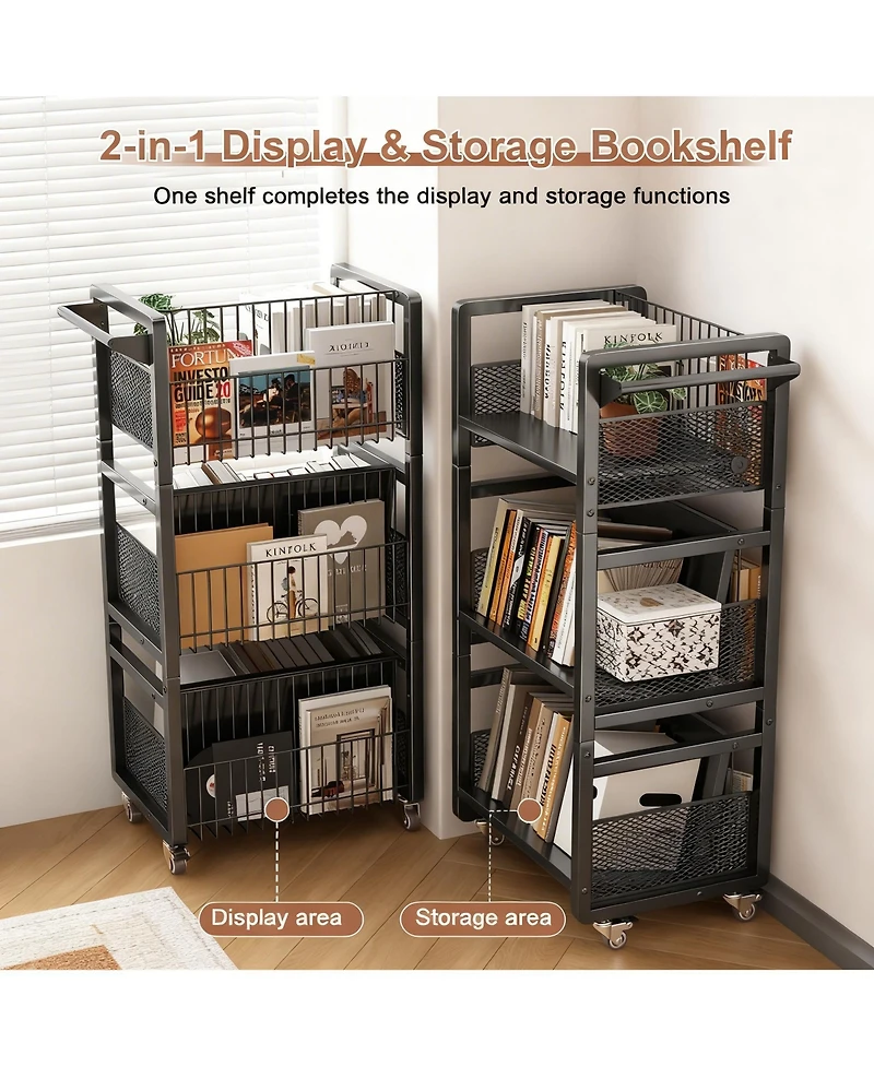 Yigii Heavy-Duty Double-Sided Book Cart with Silent Wheels and 3 Magnetic Shelves