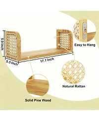 Yigii Rattan Wall Shelf Wooden Floating Storage Boho Decorative