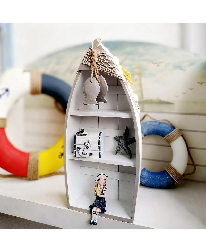 Yigii Wooden Boat Shelf 16.5" Display Fish Net Starfish Seashell Nautical Beach Decor