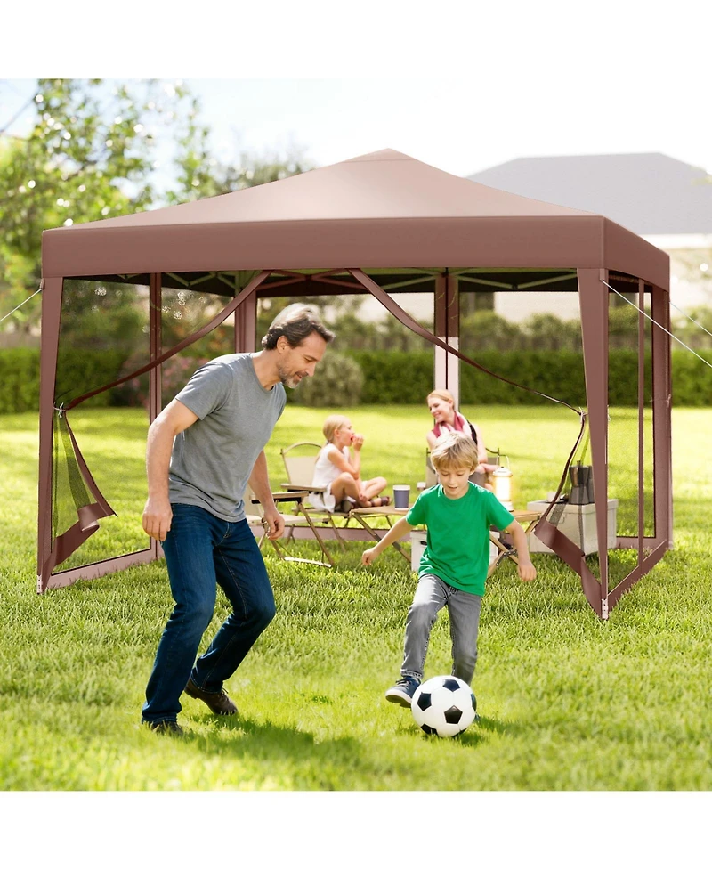 Gymax 10 Ft x Pop-Up Canopy Tent w/ Mesh Netting Carry Bag 8 Stakes and 4 Ropes Outdoor