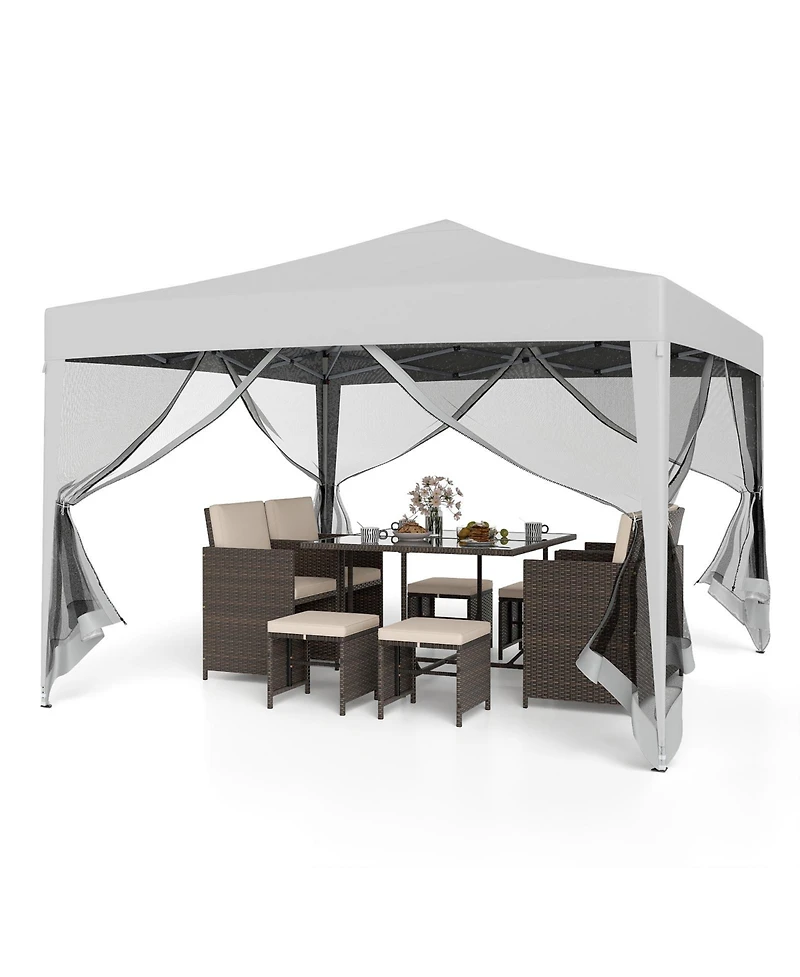 Gymax 10 Ft x 10 Ft Pop-Up Canopy Tent w/ Mesh Netting Carry Bag 8 Stakes and 4 Ropes