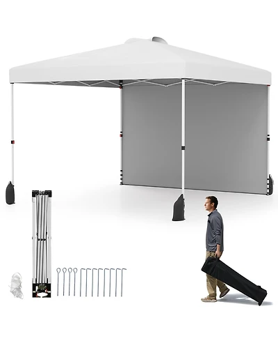 Gymax 10 X 10 Ft Pop up Canopy Tent w/ 1 Sidewall Wheeled Bag 8 Stakes
