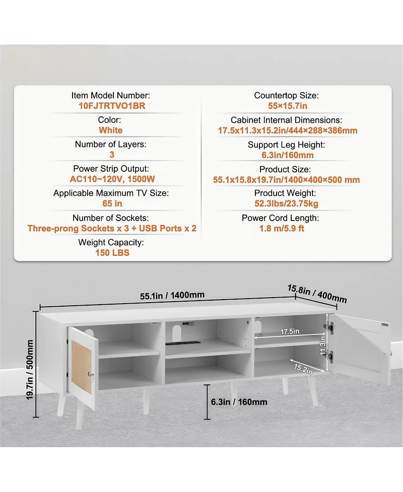 Gouun Rattan Tv Stand for TVs with Power Outlets