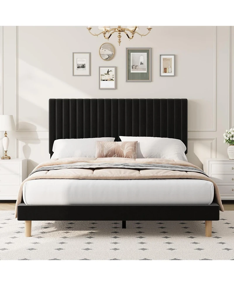 gaomon Full Size Iron & Mdf Bed Frame Upholstered Tall Vertical Stripe Design, Modern, Sturdy Construction, No Box Spring Needed for Bedroom