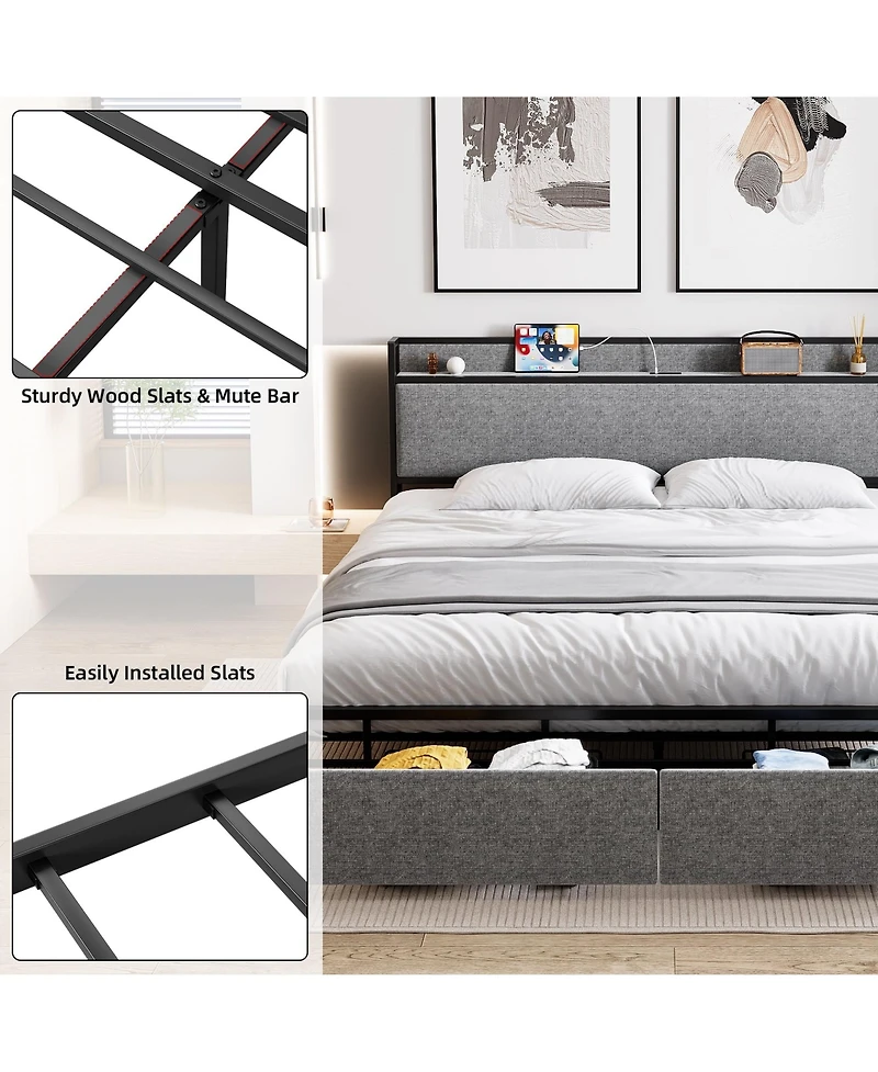 gaomon King Bed Frame with Storage Drawers & Charging Station, Upholstered Headboard, Noiseless, Sturdy, Easy Assembly