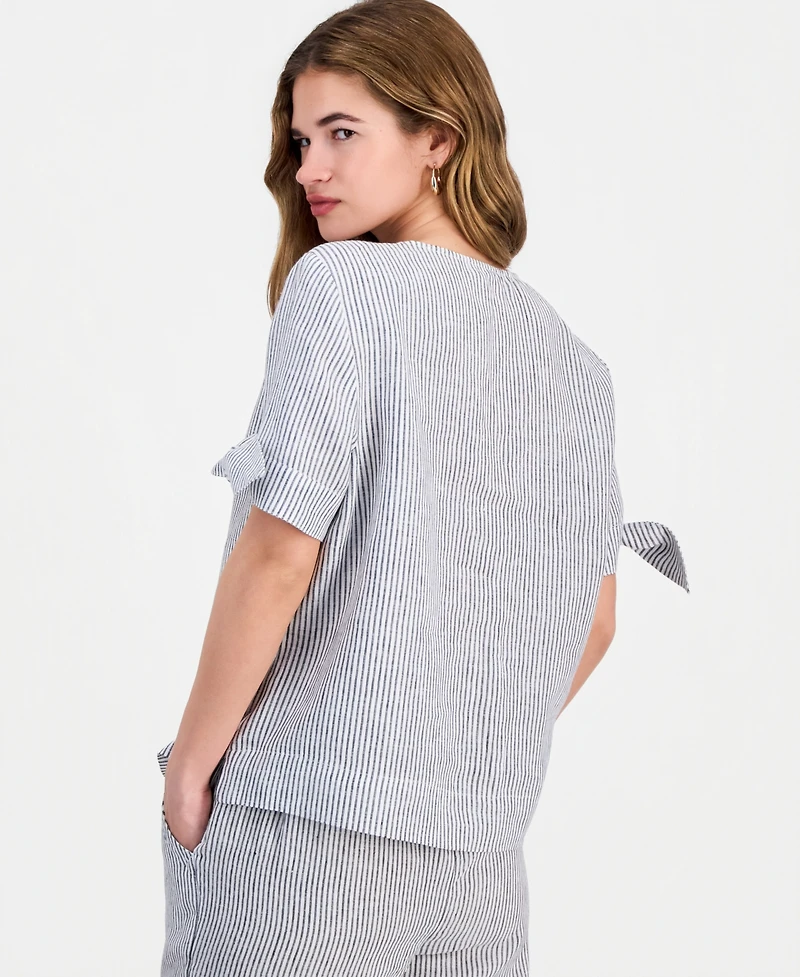 Charter Club Petite Beach Stripe Tie Sleeve Linen Top, Macy's Exclusive