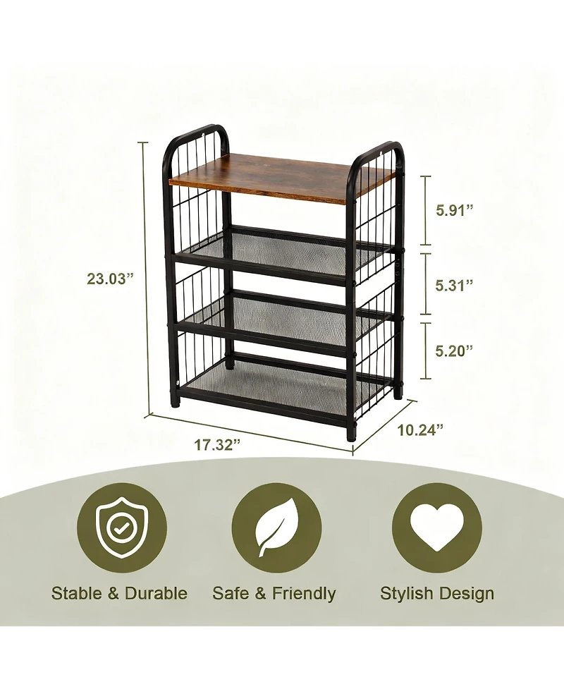 Yigii Shoe Rack Metal Mesh Shelves Wooden Heavy-Duty Storage