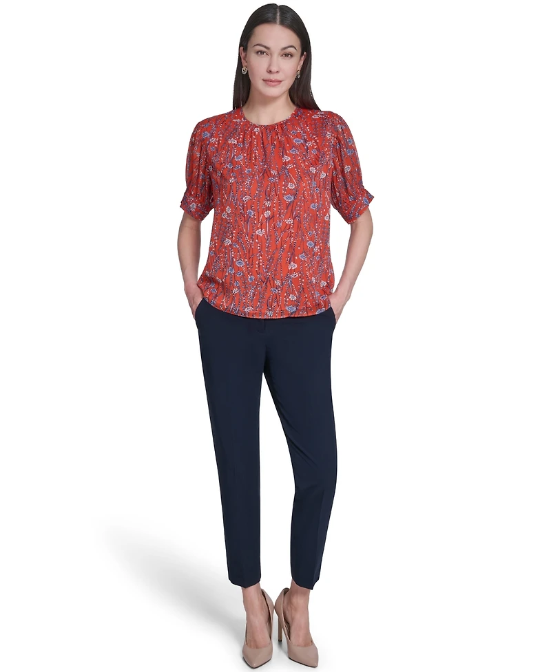 Tommy Hilfiger Women's Floral Crew Neck Puff-Sleeve Top