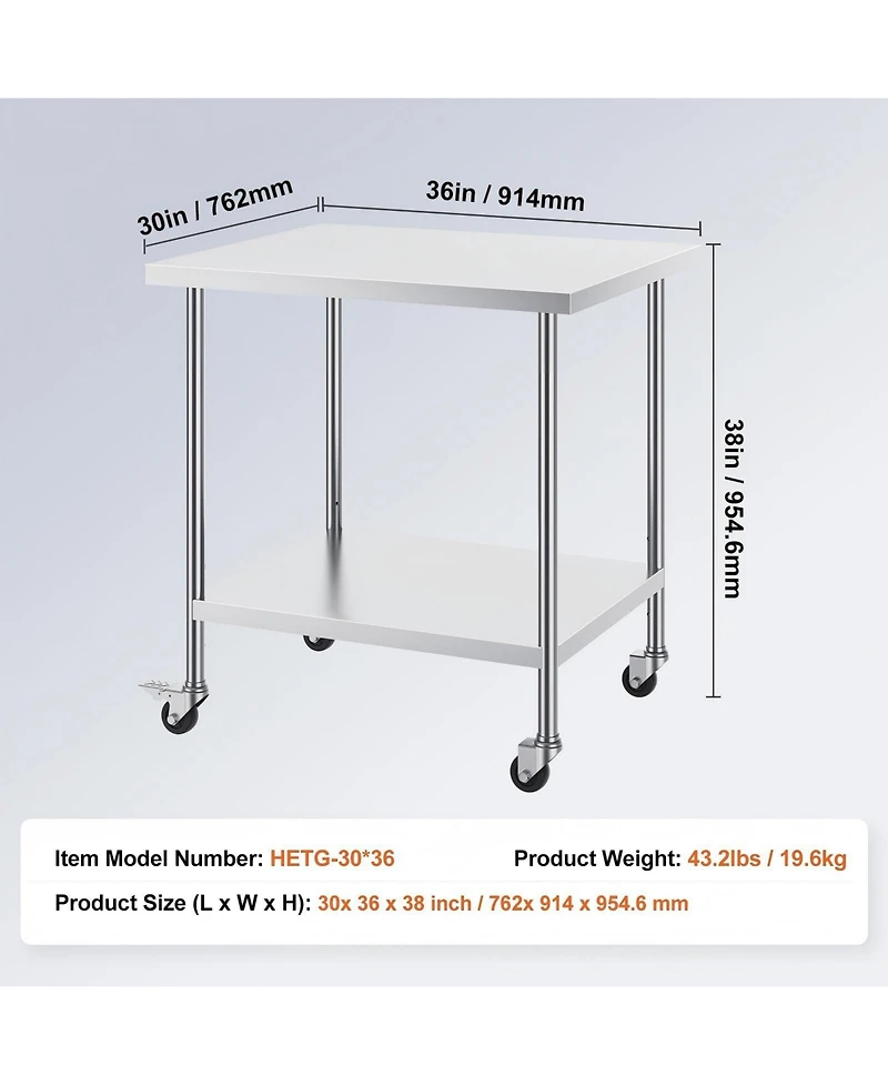 Gouun Stainless Steel Rolling Work Table x x 38 in with 4 Casters