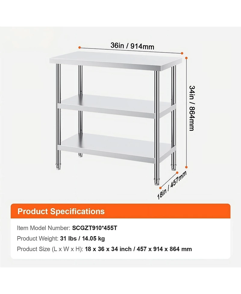 Gouun Stainless Steel Food Prep Table 18 x 36 x 34 in with Adjustable Undershelf
