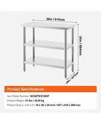 Gouun Stainless Steel Food Prep Table 18 x 36 x 34 in with Adjustable Undershelf