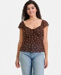 Ultra Flirt Juniors' Flutter-Sleeve Tie-Neck Top