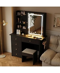 Dyhome Vanity Desk with Sliding Mirror and Led Lights & Charging Station