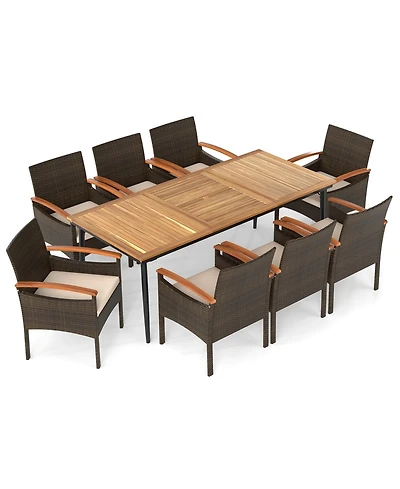 Gymax 9PCS Patio Pe Wicker Dining Set w/ Cushions and 1.9'' Umbrella Hole for Deck