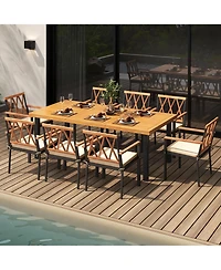 Gymax 9 Pcs Patio Dining Set Acacia Wood Table w/ Soft Cushions and 1.9'' Umbrella Hole