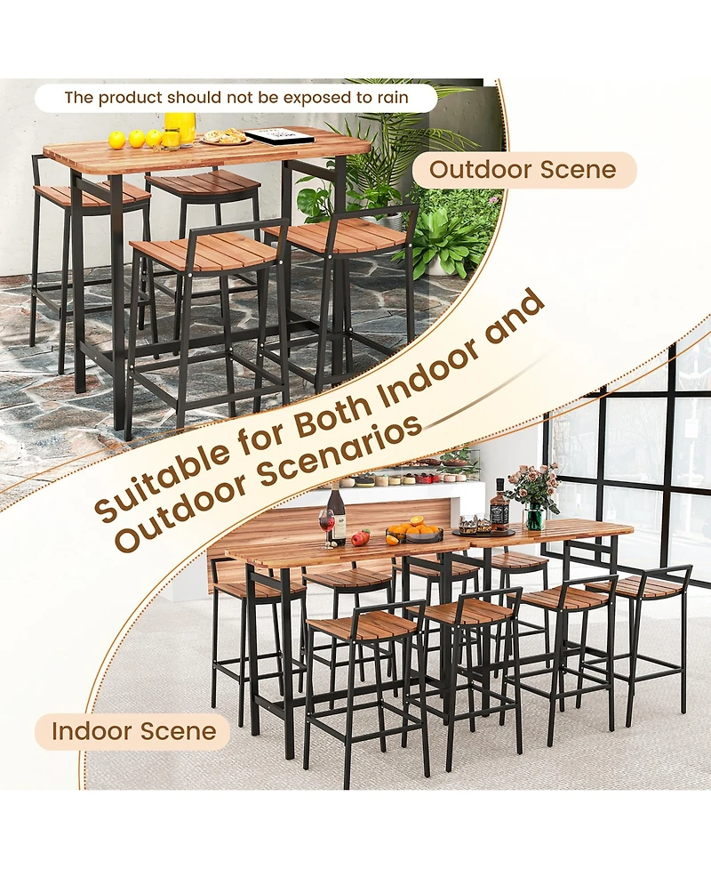 Gymax Acacia Wood Patio Table and Chair Set 5 Pcs Outdoor Dining Set with 1 Table and 4 Bar Height Chairs