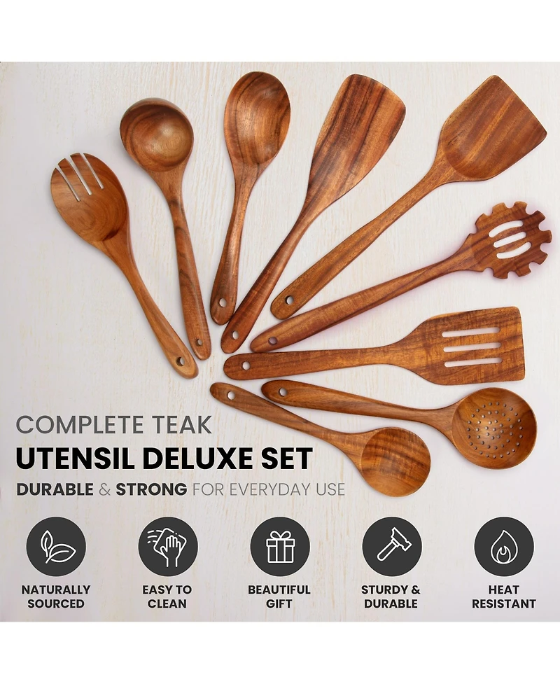 9-Piece Natural Teak Wooden Utensils for Cooking