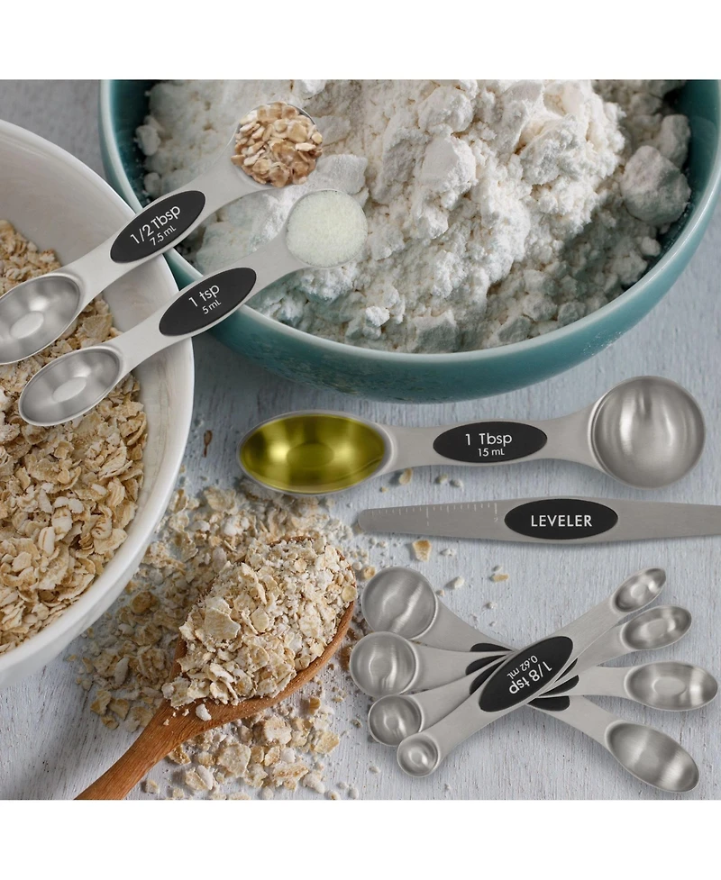 Premium Stainless Steel Magnetic Measuring Spoons, 8 Piece Set with Leveler