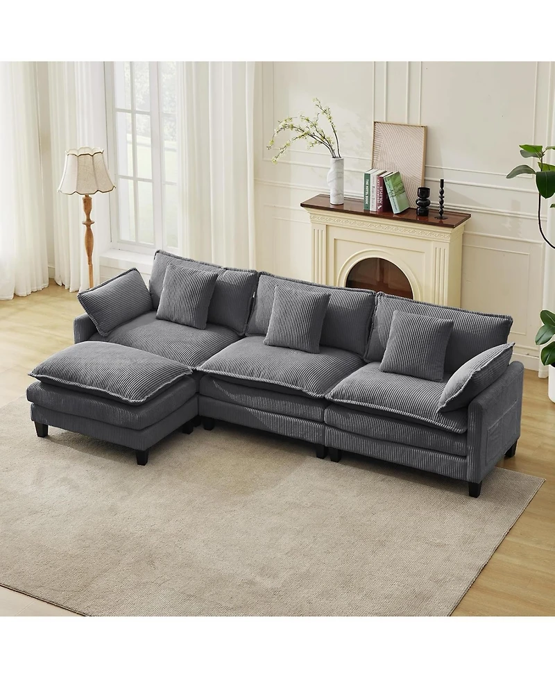gaomon 112" Modular Sectional Sofa, U-Shaped Corduroy Cloud Couch with Ottoman and Pillows