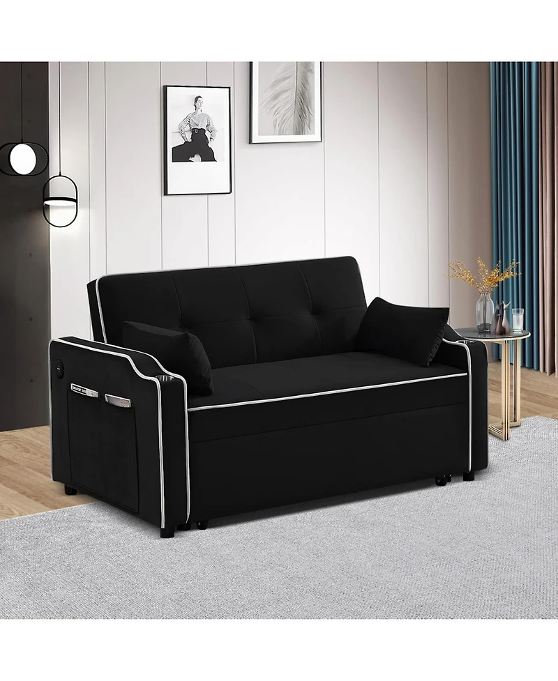 gaomon Velvet Sleeper Sofa Bed, 3-in-1 Convertible Loveseat with Cupholder, Usb Port and Adjustable Backrest