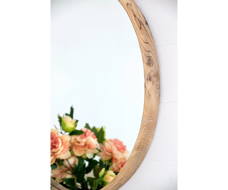 Busdays 28" Round Wood Mirror, Wall Mounted Mirror Home Decor for Bathroom Living Room
