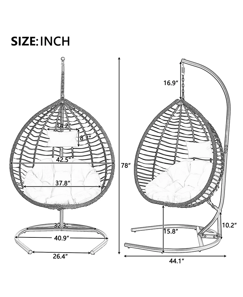 Rainsken Hanging Hammock Chair, Foldable Rattan Egg Swing Chair with Iron Frame, Plush Cushion and Removable Headrest for Indoor Outdoor