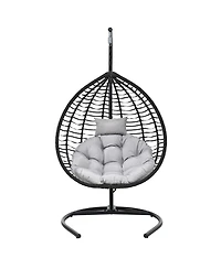 Rainsken Foldable Rattan Hanging Egg Chair, Swing Hammock Chair with Sturdy Iron Frame, Soft Cushion and Detachable Headrest for Indoor Outdoor Use