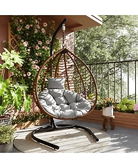 Rainsken Hanging Rattan Egg Swing Chair, Foldable Hammock Chair with Iron Frame, Comfortable Cushion and Removable Headrest for Balcony