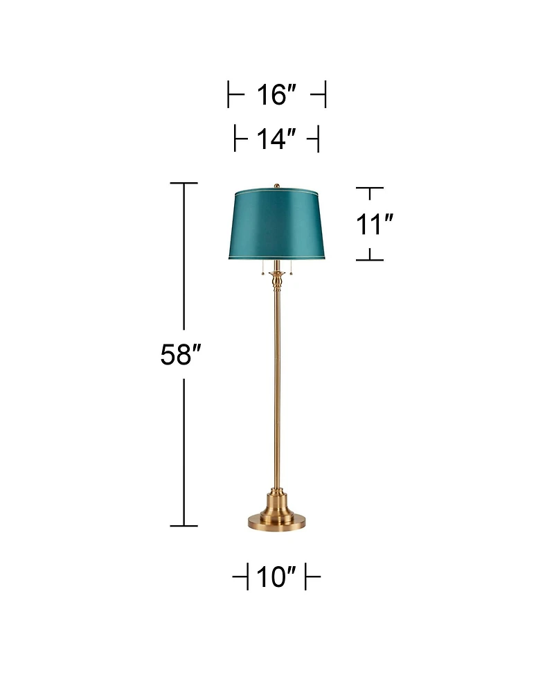 360 Lighting Dyna Traditional Tall 2-Light Standing Floor Lamp Pole Pull Chain Antique Brass Finish Drum Soft Teal Shade