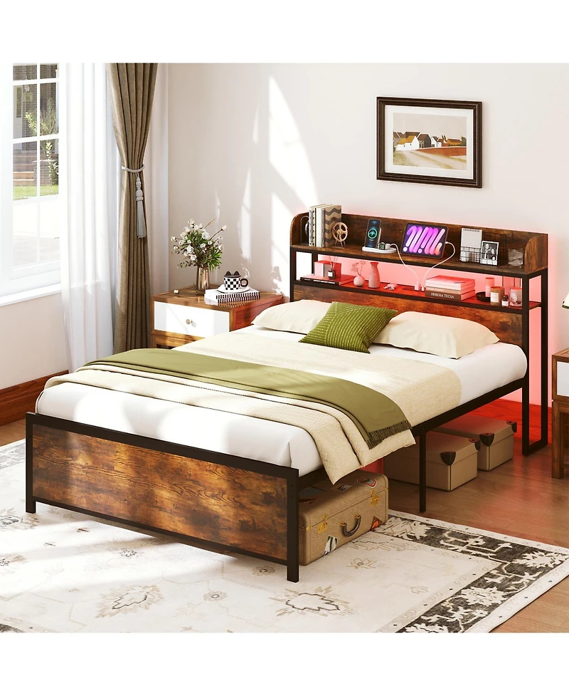 Gouun Led Bed Frame with Power Outlets and Storage Headboard