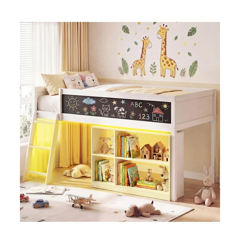 Gouun Kids Loft Bed with Led Lights and Removable Bookcase