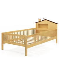 Gouun Kids Montessori Bed with House-Shaped Headboard and Built-in Storage Shelf