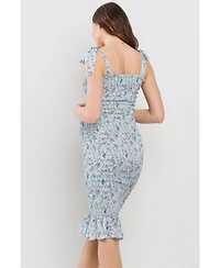 Hello Miz Maternity Floral Smocked Square Neck Bodycon Midi Matertnity Dress with Adjustable Tie Straps