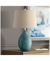360 Lighting Modern Table Lamp with Usb Charging Port 24 3/4" High Sea Foam Ceramic Oatmeal Drum Shade for Living Room Desk Bedroom