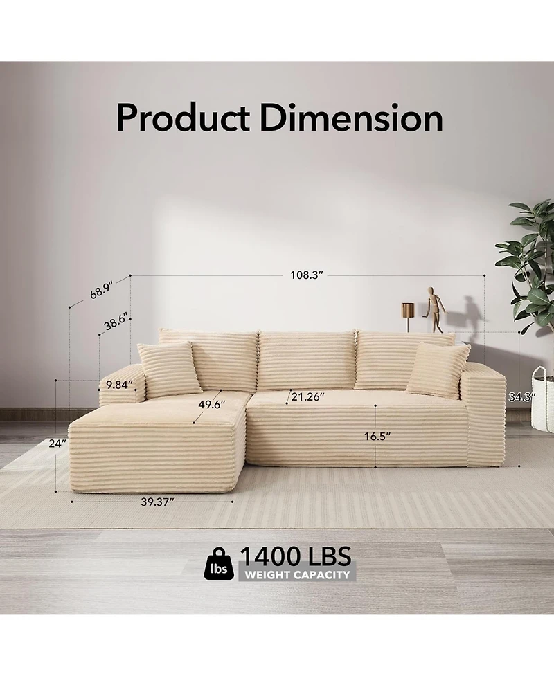gaomon 108" Cloud Sectional Sofa, L-Shaped Couch with Deep Seat, Corduroy, Beige Left Chaise